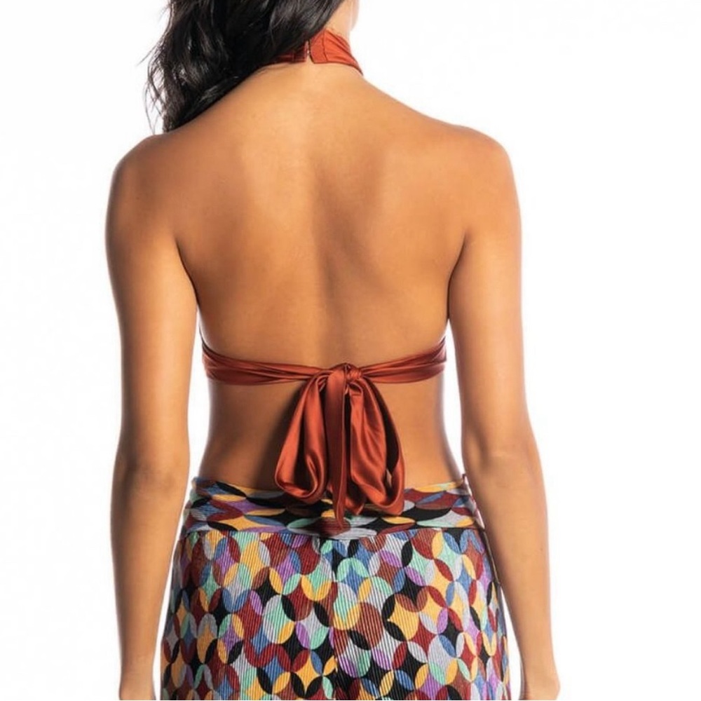 Upscale Shiny Satin Copper Tie Front Apron Halter Top - Picture 3 of 14